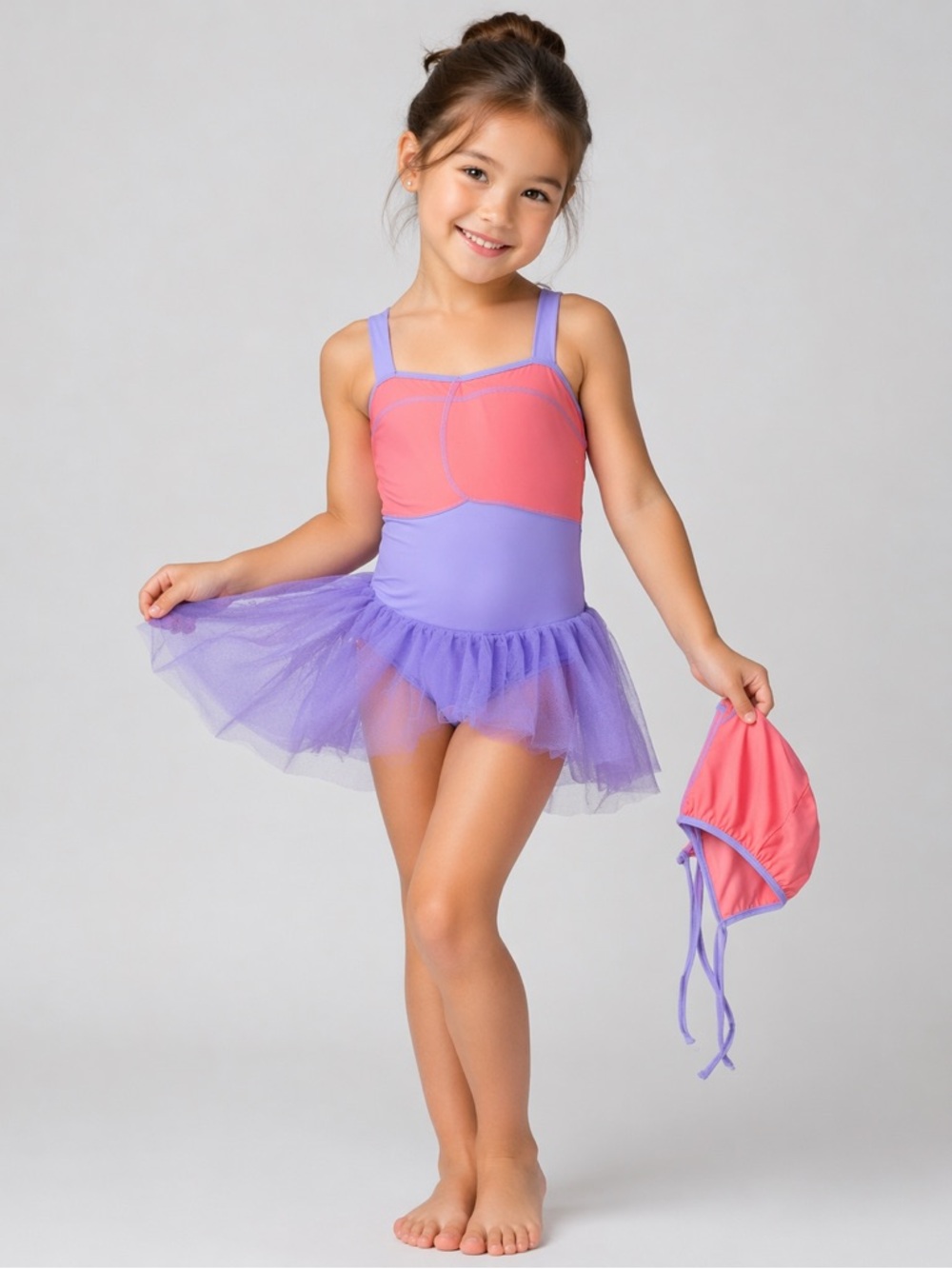 Girls 3-Piece Swimsuit Set Purple & Coral Tulle Skirt + Swim Cap NWT